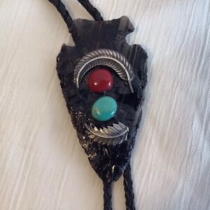 Midnight Lace Obsidian Large Arrowhead Bolo With Sterling and Stones